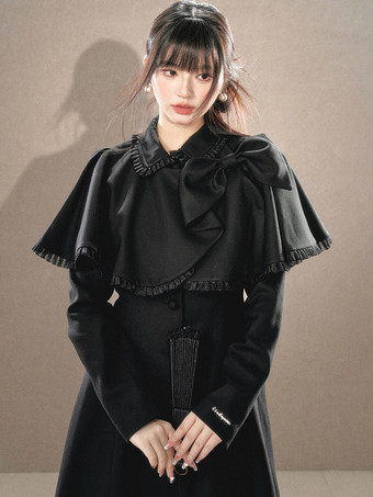 ロココ風ロリータコート ブラックセット リボン フリンジ ケープ オーバーコート ポリエステル 秋 ロリータ アウター