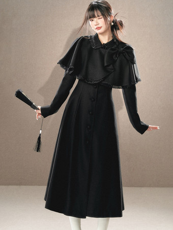 ロココ風ロリータコート ブラックセット リボン フリンジ ケープ オーバーコート ポリエステル 秋 ロリータ アウター