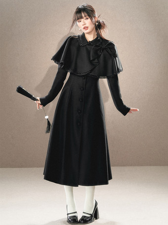 ロココ風ロリータコート ブラックセット リボン フリンジ ケープ オーバーコート ポリエステル 秋 ロリータ アウター