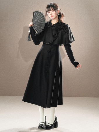 ロココ風ロリータコート ブラックセット リボン フリンジ ケープ オーバーコート ポリエステル 秋 ロリータ アウター
