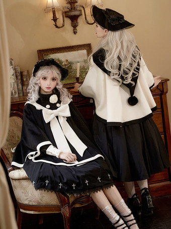 ロココ風ロリータコート バーガンディコート リボン ツートンオーバーコート ポリエステル 冬用ロリータアウター