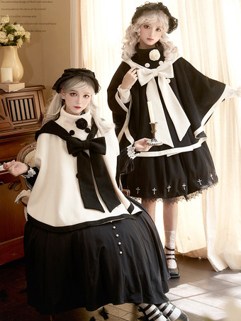 ロココ風ロリータコート バーガンディコート リボン ツートンオーバーコート ポリエステル 冬用ロリータアウター