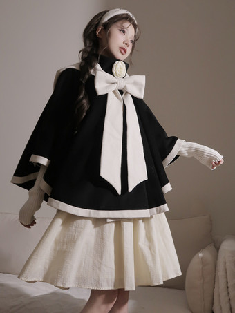 ブラック ロココ風ロリータコート バーガンディコート リボン ツートンオーバーコート ポリエステル 冬用ロリータアウター