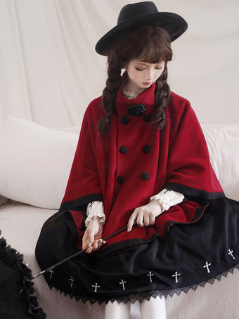 ロココ風ロリータコート バーガンディコート リボン ツートンオーバーコート ポリエステル 冬用ロリータアウター