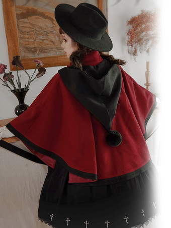 ロココ風ロリータコート バーガンディコート リボン ツートンオーバーコート ポリエステル 冬用ロリータアウター