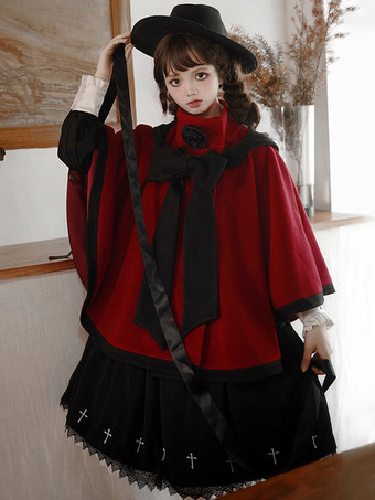 ワインレッド ロココ風ロリータコート バーガンディコート リボン ツートンオーバーコート ポリエステル 冬用ロリータアウター