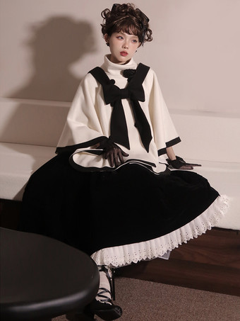 ロココ風ロリータコート バーガンディコート リボン ツートンオーバーコート ポリエステル 冬用ロリータアウター