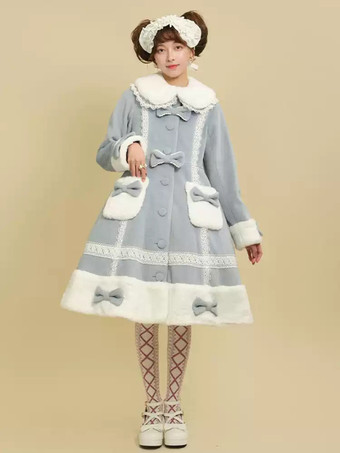 ライトスカイブルーロココ風ロリータコート ピンクコート リボン フリル オーバーコート ポリエステル 冬用ロリータアウター