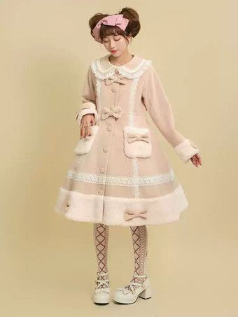 ピンクロココ風ロリータコート ピンクコート リボン フリル オーバーコート ポリエステル 冬用ロリータアウター