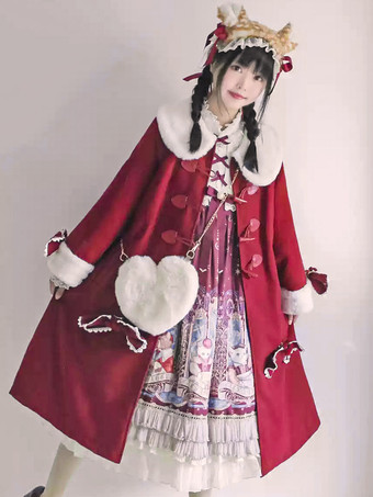 ワインレッド ロココ風ロリータコート バーガンディコート リボン オーバーコート ケープ ポリエステル 秋 ロリータ アウター