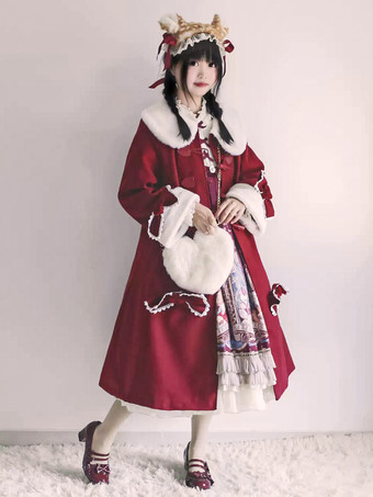 ロココ風ロリータコート バーガンディコート リボン オーバーコート ケープ ポリエステル 秋 ロリータ アウター