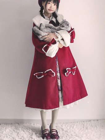 ロココ風ロリータコート バーガンディコート リボン オーバーコート ケープ ポリエステル 秋 ロリータ アウター