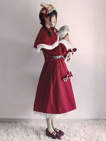 ロココ風ロリータコート バーガンディコート リボン オーバーコート ケープ ポリエステル 秋 ロリータ アウター
