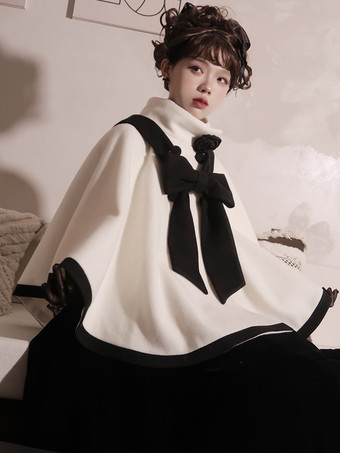 アイボリー ロココ風ロリータコート バーガンディコート リボン ツートンオーバーコート ポリエステル 冬用ロリータアウター