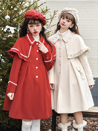 アイボリー ロココ風ロリータコート ライトブラウンコート リボンオーバーコート ポリエステル 秋ロリータアウター