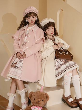 ロココ風ロリータコート ライトブラウンコート リボンオーバーコート ポリエステル 秋ロリータアウター