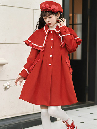 レッド ロココ風ロリータコート ライトブラウンコート リボンオーバーコート ポリエステル 秋ロリータアウター