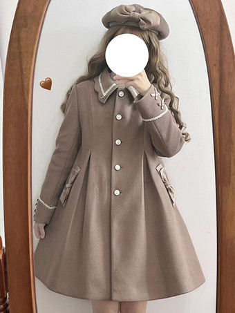 ライトブラウンロココ風ロリータコート ライトブラウンコート リボンオーバーコート ポリエステル 秋ロリータアウター