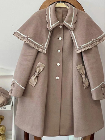 ロココ風ロリータコート ライトブラウンコート リボンオーバーコート ポリエステル 秋ロリータアウター