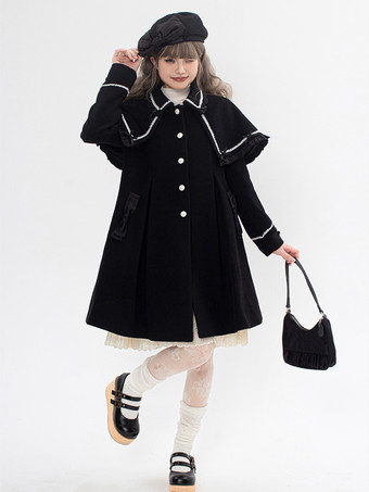 ブラック ロココ風ロリータコート ライトブラウンコート リボンオーバーコート ポリエステル 秋ロリータアウター