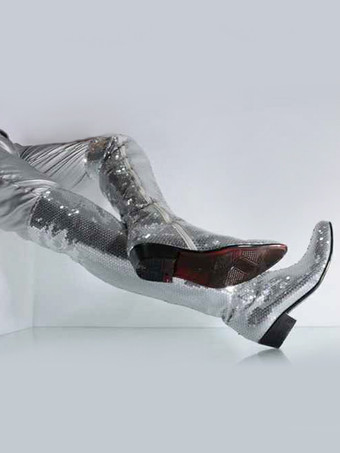 Scarpe da uomo Stivali alti sopra il ginocchio in tessuto con paillettes classici argento stivali da ballo