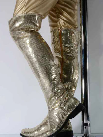 Oro Scarpe da uomo Stivali alti sopra il ginocchio in tessuto con paillettes classici argento stivali da ballo