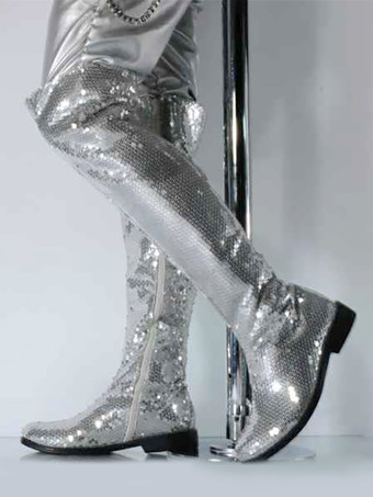 Argento Scarpe da uomo Stivali alti sopra il ginocchio in tessuto con paillettes classici argento stivali da ballo