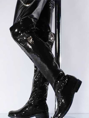 Nero Scarpe da uomo Stivali alti sopra il ginocchio in tessuto con paillettes classici argento stivali da ballo