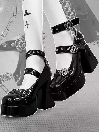 noir Chaussures gothiques Lolita Escarpins Lolita en cuir PU à bout carré avec chaînes en dentelle bordeaux