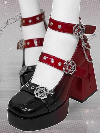 Chaussures gothiques Lolita Escarpins Lolita en cuir PU à bout carré avec chaînes en dentelle bordeaux