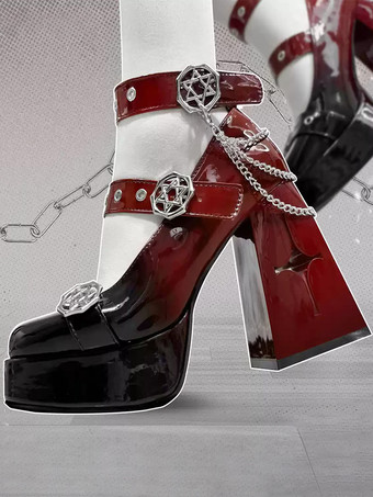 Gothic Lolita Footwear Burgundy Lace Chains Square Toe PU Leather Lolita Pumps