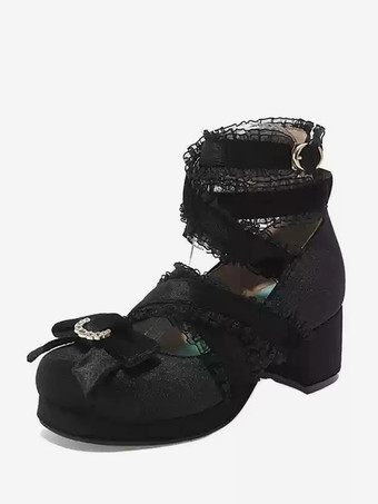 ロココ風ロリータ靴 ブラックレースリボンフリルラウンドトゥヌバックロリータシューズ