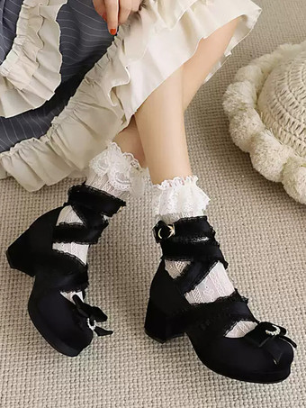 ブラック ロココ風ロリータ靴 ブラックレースリボンフリルラウンドトゥヌバックロリータシューズ