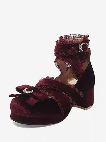 ロココ風ロリータ靴 ブラックレースリボンフリルラウンドトゥヌバックロリータシューズ