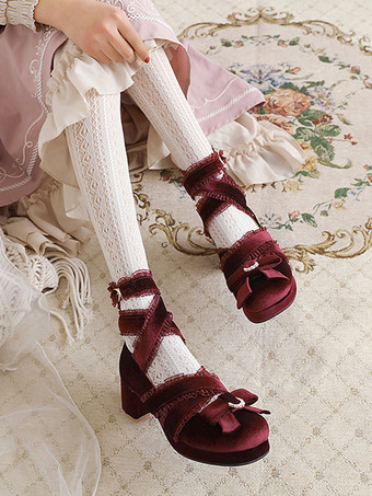 ロココ風ロリータ靴 ブラックレースリボンフリルラウンドトゥヌバックロリータシューズ