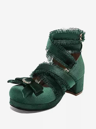 ロココ風ロリータ靴 ブラックレースリボンフリルラウンドトゥヌバックロリータシューズ