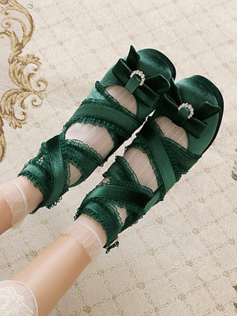 ロココ風ロリータ靴 ブラックレースリボンフリルラウンドトゥヌバックロリータシューズ