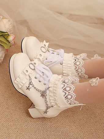 ロココ風ロリータブーツ PUレザー レース フリル チェーン ラウンドトゥ ブラック ロリータ フットウェア