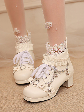 アイボリー ロココ風ロリータブーツ PUレザー レース フリル チェーン ラウンドトゥ ブラック ロリータ フットウェア