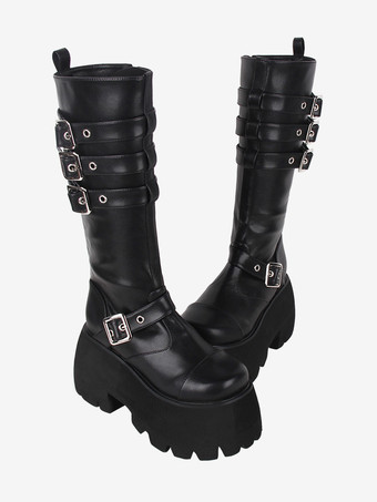 ゴシック ロリータ ブーツ ブラック グロメット メタリック ラウンドトゥ PU レザー ロリータ フットウェア