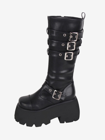 ブラック ゴシック ロリータ ブーツ ブラック グロメット メタリック ラウンドトゥ PU レザー ロリータ フットウェア