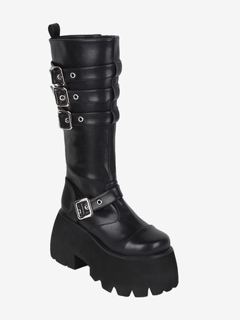 ゴシック ロリータ ブーツ ブラック グロメット メタリック ラウンドトゥ PU レザー ロリータ フットウェア