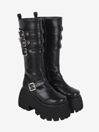 ゴシック ロリータ ブーツ ブラック グロメット メタリック ラウンドトゥ PU レザー ロリータ フットウェア