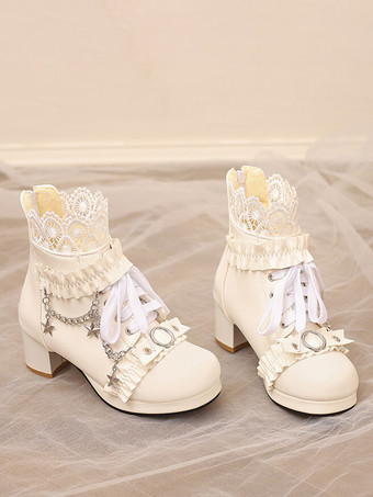 ロココ風ロリータブーツ PUレザー レース フリル チェーン ラウンドトゥ ブラック ロリータ フットウェア