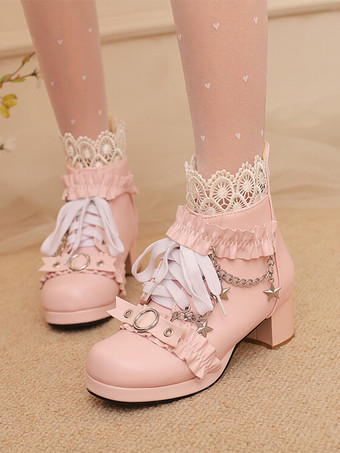 ピンクロココ風ロリータブーツ PUレザー レース フリル チェーン ラウンドトゥ ブラック ロリータ フットウェア
