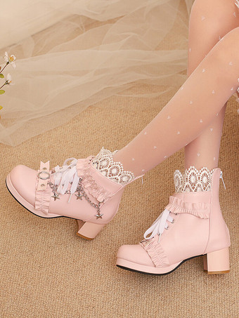 ロココ風ロリータブーツ PUレザー レース フリル チェーン ラウンドトゥ ブラック ロリータ フットウェア