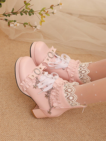 ロココ風ロリータブーツ PUレザー レース フリル チェーン ラウンドトゥ ブラック ロリータ フットウェア