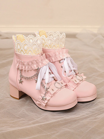 ロココ風ロリータブーツ PUレザー レース フリル チェーン ラウンドトゥ ブラック ロリータ フットウェア