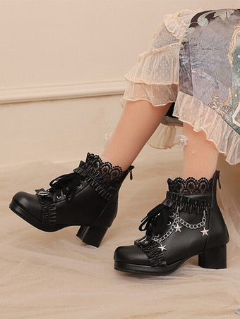 ブラック ロココ風ロリータブーツ PUレザー レース フリル チェーン ラウンドトゥ ブラック ロリータ フットウェア