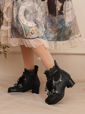ロココ風ロリータブーツ PUレザー レース フリル チェーン ラウンドトゥ ブラック ロリータ フットウェア